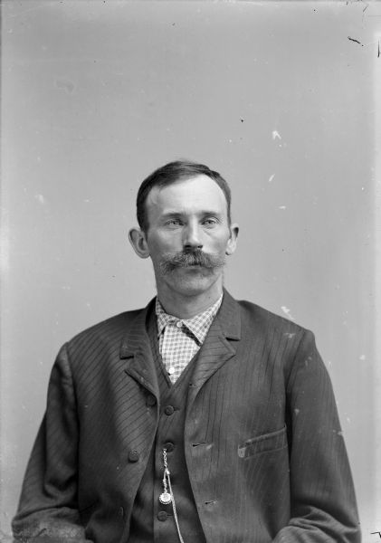 Waist-up studio portrait of a European American man with a moustache posed sitting. He is wearing a dark-colored striped suit coat, vest, watch chain, and light-colored plaid shirt.
