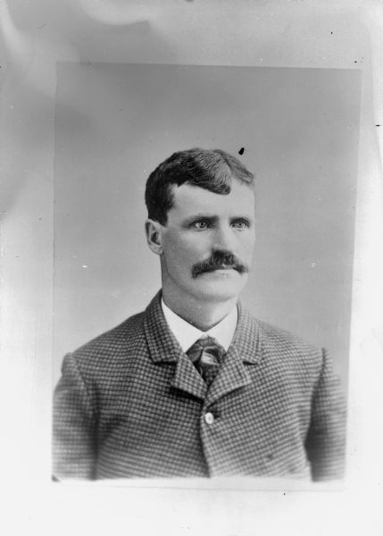 Copy photograph of a quarter-length portrait of a European American man with a moustache. He is wearing a dark-colored checked suit coat and tie.