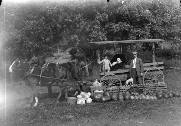 Outdoor portrait  of a man and child posing standing next to a wagon pulled by a team of two horses, surrounded by pumpkins and other produce in crates.