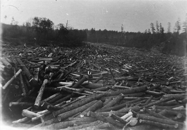 Copy photograph of a log jam on a river. A lone logger is sitting in the center.