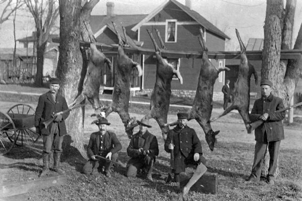 Copy photograph of an outdoor group portrait of four deer hunters posing with their deer.