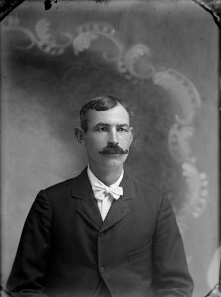 Waist-up studio portrait in front of a painted backdrop of an unidentified man with a moustache posing sitting. He is wearing a dark-colored suit coat and light-colored bow tie.