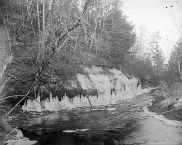 View of a creek with ice-covered and tree-lined banks. Identified as Perry Creek.