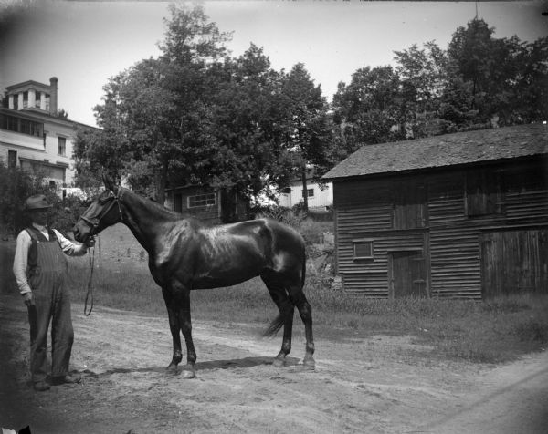 Outdoor view of a man displaying a single horse in front of several wooden buildings. Location identified as the Jackson County Jail barn on the right, located on the southwest corner of Third and Harrison Streets, and the Harrison Cole House on the left.