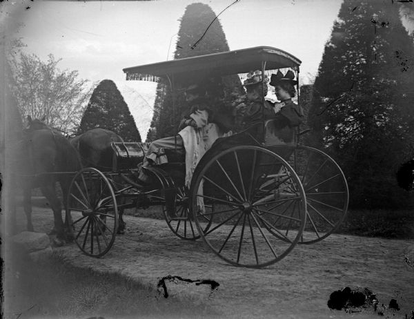 Outdoor view three women posing sitting in a surrey pulled by a team of two horses on the driveway of a well-manicured yard with sculpted shrubs. Identified as the yard of the Spaulding residence.