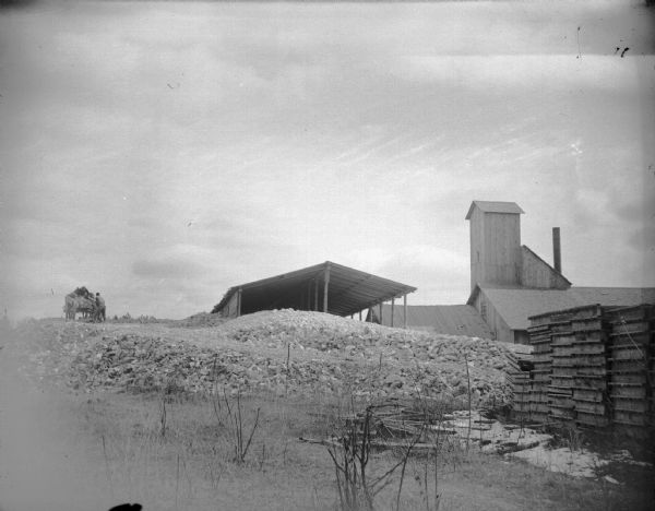 Outdoor view of a man with a wagon in the distance on the left. On the right is a shed, a tall wooden building and a tailing pile. Identified as the Halcyon Brick Works, circa 1890-1900.