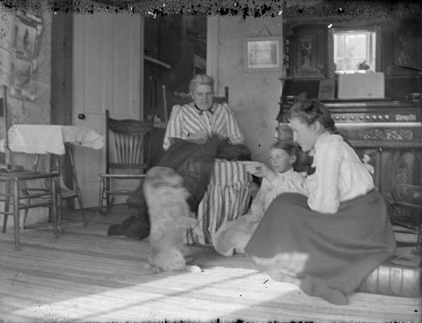 Two women and a girl are sitting in a room with an organ in the background. A women sitting on a large book on the floor is playing with a dog sitting up on its haunches.
