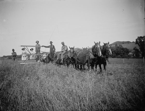 View towards a group of men and women posing standing upon and atop a thresher pulled by a team of four horses wearing fly nets. One man is sitting on a horse.
