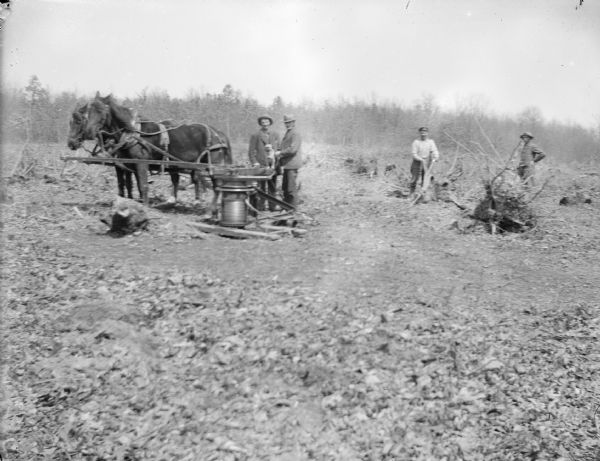 View of four men in a clearing. Two men and a dog are standing next to a team of two horses hitched to stump pulling machinery. On the right, two men are standing near stumps.