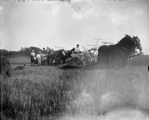 View across field towards men working with two threshing machines, each pulled by a team of horses wearing flynets. There is a boy on the left standing near one of the machines. Just behind him is a girl  sitting on a pony.