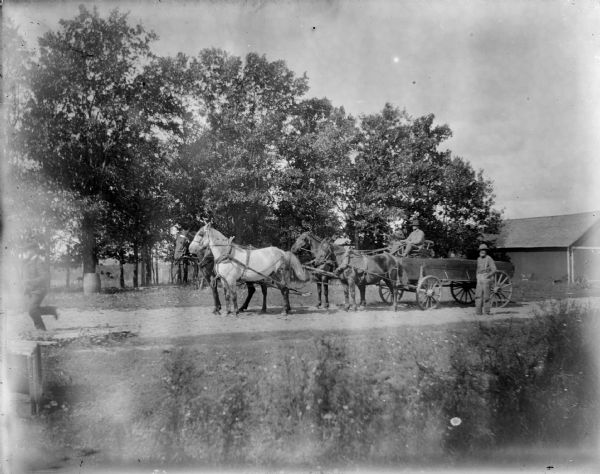 View towards a man sitting in a wagon pulled by a team of four horses on a road or driveway. There is a man standing beside the wagon on the right, and on the left is a man running in front of the horses.