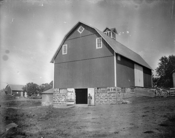 View across yard of a man posing standing in front of a large wooden barn with a stone foundation. Other farm buildings are in the background.