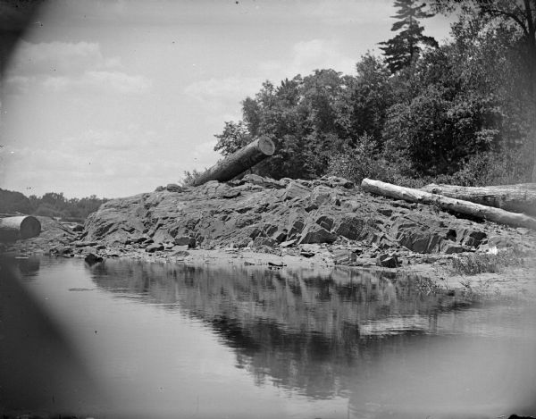 View across water towards large logs on the bank of a body water.