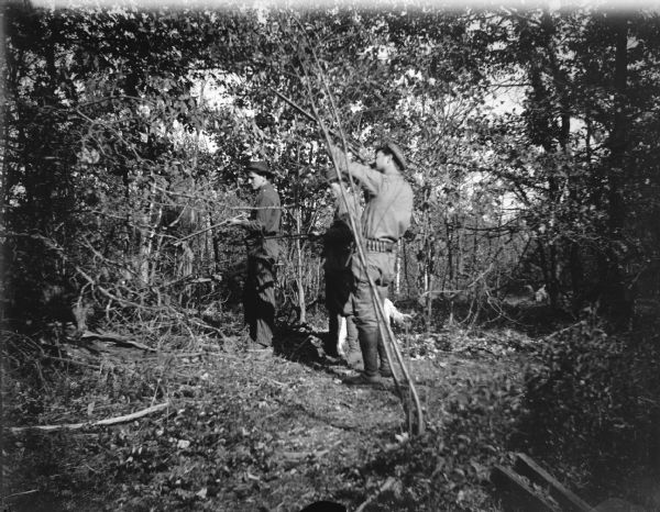 Outdoor group portrait of three men in a forest shooting rifles. There is a dog in the background.