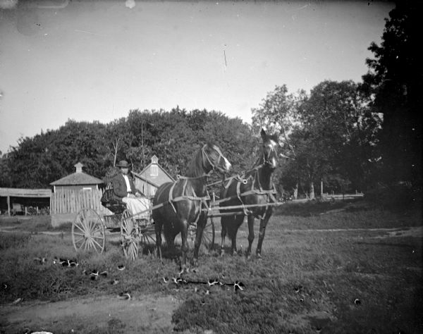 Outdoor view of a man posing sitting in a wagon pulled by a team of two horses. Wooden buildings and trees are in the background.