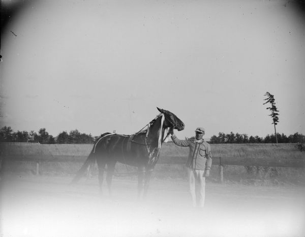 Outdoor view of a man posing standing and displaying a horse. Probably on a race track at the fairgrounds.