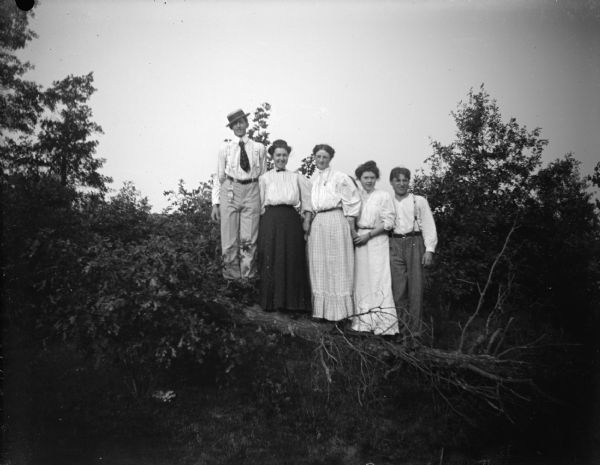 Outdoor group portrait of three women and two men posing standing on a hillside.