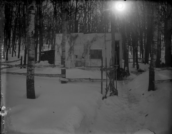Outdoor view of a hunter's shack in a forest, surrounded by snow-covered ground. A dog is sitting by the tree in front.
