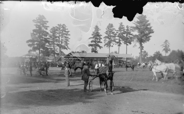 Scene of the local fair, with men with horses wearing racing harnesses. A grandstand and other buildings are in the background.