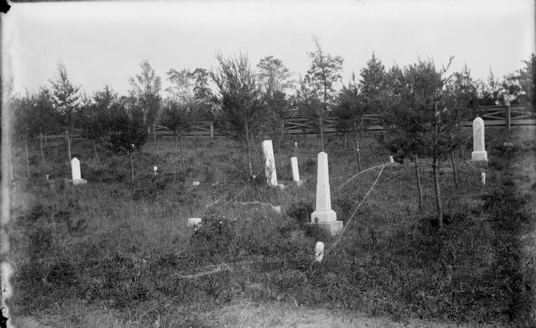 View of a small cemetery with marble markers among small trees. A large fence is in the background.