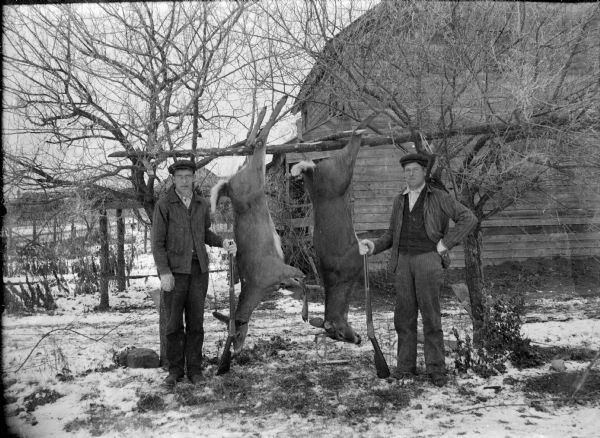Outdoor portrait of two deer hunters posing with their rifles and their deer carcasses hanging from a tree branch strung across two trees.