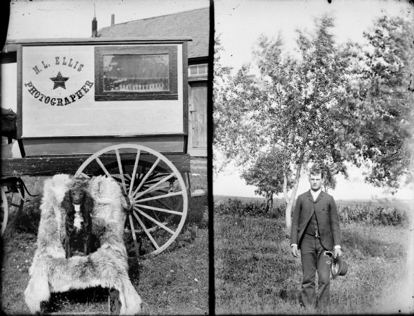 Two images on one glass plate. On the left: N.L. Ellis Photographer cart, with a dog on a fur-covered chair posing in front. On the right: portrait of a man posing standing outdoors.