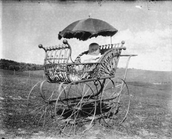 Outdoor view of a European American infant sitting in a baby buggy under an umbrella in a field.