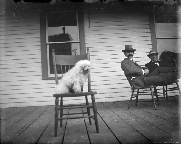 Outdoor view of a light-colored dog sitting on a chair on a porch next to two men sitting on chairs.
