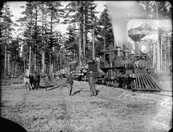 Outdoor view of men standing with horses near a locomotive hauling logs through a forest. Two loggers are standing in the center.