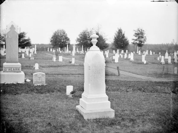 View of a cemetery with marble markers.