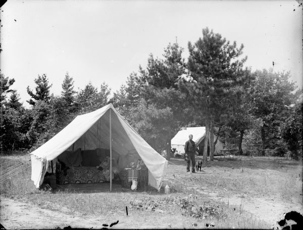 View of two tents in a clearing surrounded by trees. A man and his dog are standing in the center.