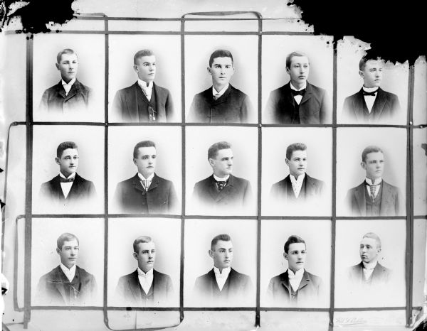 Copy photograph of fifteen studio portraits of young men held up by a ribbon. Men identified as the following from left to right: top row, Sam Beach, R.A. Jones, J.F. Pulling (?), F.F. Brown, and Sid Castle. center row, Ed Ormsby, E.G. Thurston, W.A. Bartlett, F.A. Jones, and Austin Burt, bottom row, A.S. Nichols (?), H.H. Howell, D.W. Jones, F. Werner, and F. Kellogg (?).
