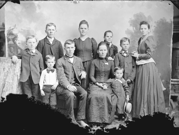 Studio group portrait in front of a painted backdrop of a large unidentified group, possibly a family, including one young man, three young women, five boys and one girl.