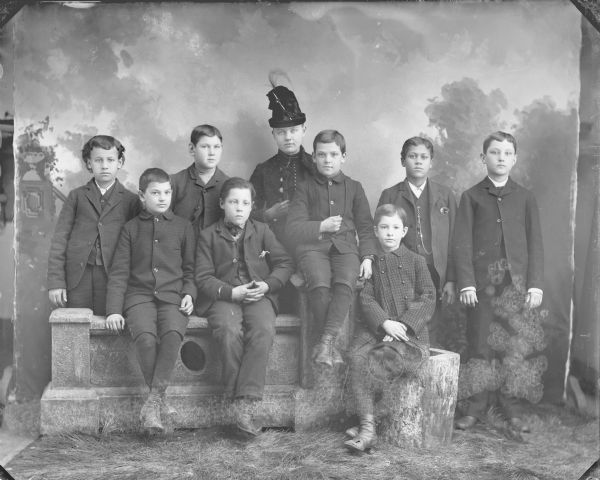 Studio portrait in front of a painted backdrop of a European American woman and eight boys.