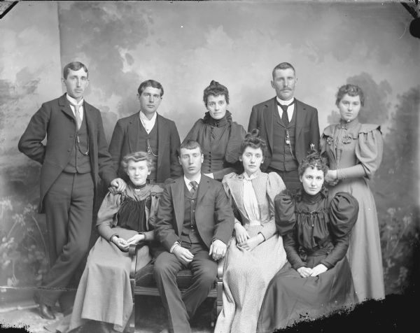 Studio portrait in front of a painted backdrop of a group of four men and five women.