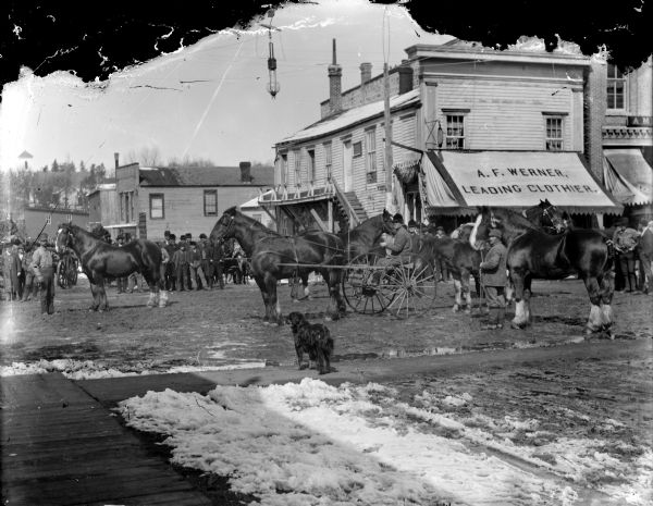 View towards the intersection of First and Main Streets. Several horses are being gathered by a group of men. A black dog is in the foreground.
