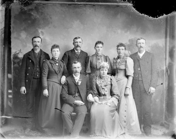 Studio group portrait in front of a painted backdrop of an eight person wedding party. The bride and groom are in the center.