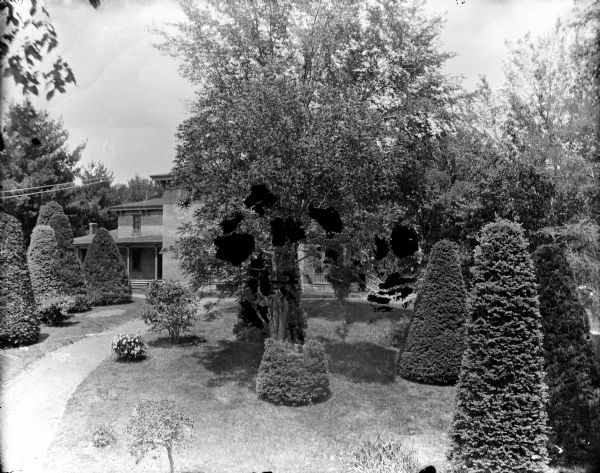 Elevated view across a well-manicured yard, with sculpted shrubs, flowers, trees and walkway towards the Spaulding residence.