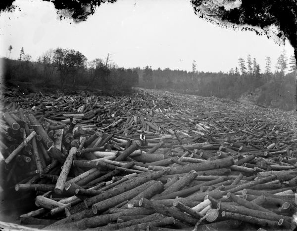 Elevated view of a log jam. A man is sitting on logs in the center. Trees are along the shoreline on both sides.