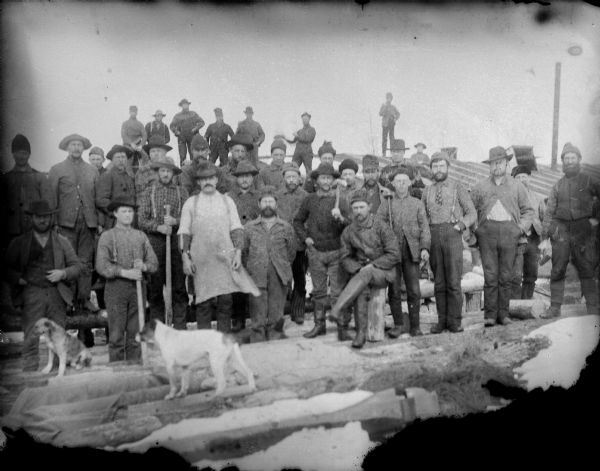 Outdoor group portrait of lumberjacks. Some of the men in the background appear to be standing on the roof of a log building. Two dogs are in the foreground.