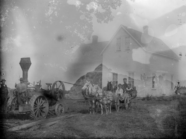 A farming scene with two men standing on a tractor that is belt-driving a threshing machine in the background, and a woman and two children sitting on a horse-drawn cart. The other image is of a farmhouse with a tree in the yard.