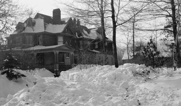 Winter view of the large Hotz family home. There are multiple chimneys, gables and dormers, with prominent dentil molding under the eaves. A dachshund stands in front of the porch. There is a large barn in the background.