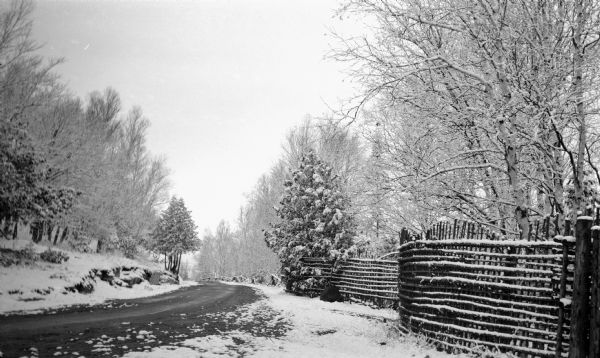 A late snow covers the trees and a rustic fence along Egg Harbor Road, now Highway 42, near the Hotz cottages outside of Fish Creek.