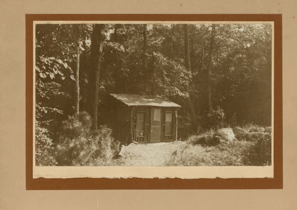 A small rustic cabin with twig details stands at the edge of a wooded area.