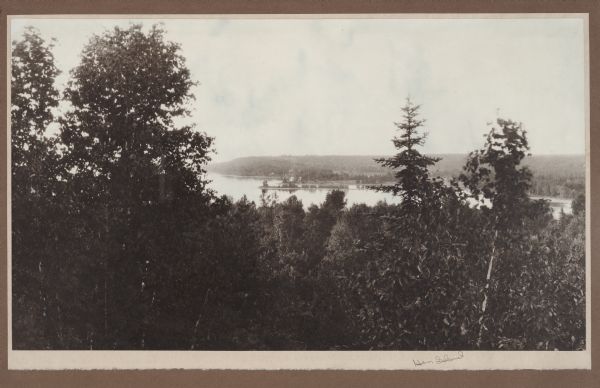 Elevated view over a heavily wooded area to Fish Creek Harbor and Hen Island, with Peninsula State Park in the background.