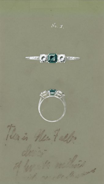 A hand-drawn and hand-painted design for an emerald ring, top and side views, labelled No. 1, with a handwritten note "This is Mrs. Falk choice [remainder illegible]." This card was used as a sales sample for Hotz's business as a jewelry designer. The artwork may have been done by his son, Ferdinand Leonard Hotz.