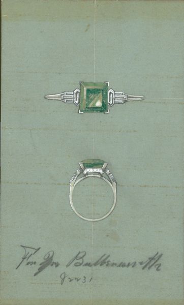 An art deco-influenced design for an emerald ring, showing a top and side view, hand-drawn and painted on tissue and mounted on a card. A note says "For Mrs. Bullensworth(?) J2231." This card was used as a sales sample for Hotz's jewelry business. The artwork may have been done by his son, Ferdinand Leonard Hotz.