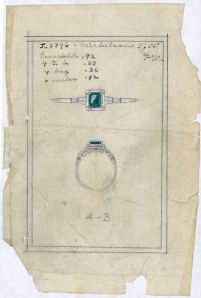 A design for an emerald and diamond ring, hand-drawn and painted on tissue mounted on a card. The design, labeled 4-B, is identified as Michelson and dated. The card was used as a sales sample for the artist's jewelry business, founded by his father, Ferdinand Hotz.