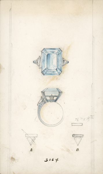 A design for a woman's ring with a large blue stone, hand-drawn and colored on card. The front is labeled 3064. On the back is handwritten "Job 3890. mounted 4014. size 6½. Mrs. D.G.J." The card was used as a sales sample in the artist's jewelry business which was founded by his father, Ferdinand Hotz.
