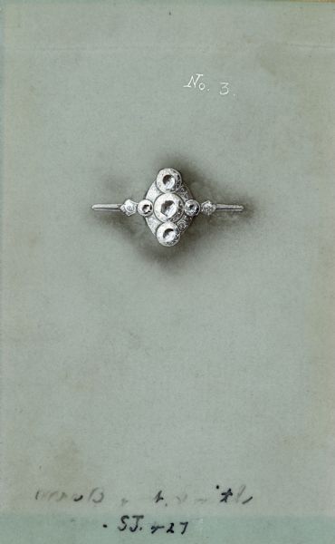 Hand-colored drawing, on translucent plastic, of a design for a ring with seven gemstones. Cards such as this were used as sales samples by the artist for his jewelry business, which was founded by his father, Ferdinand Hotz, in 1892.